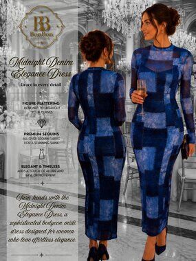 Blue Patchwork Midi Dress | Elegant Long Sleeve Bodycon Cocktail Dress